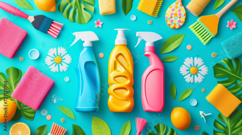 Spring Cleaning concept background with an image of colorful detergent bottles and brushes surrounded by green spring season leaves photo