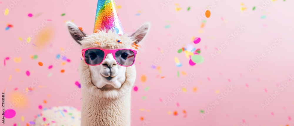 Happy Birthday, carnival, New Year's eve, sylvester or other festive celebration, funny animals card banner - Alpaca with party hat and sunglasses on pink background with confetti.