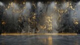 Elegant gray concrete wall with dark texture and gold accents illuminated by soft warm light, perfect for background and luxury design