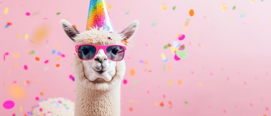 Happy Birthday, carnival, New Year's eve, sylvester or other festive celebration, funny animals card banner - Alpaca with party hat and sunglasses on pink background with confetti.