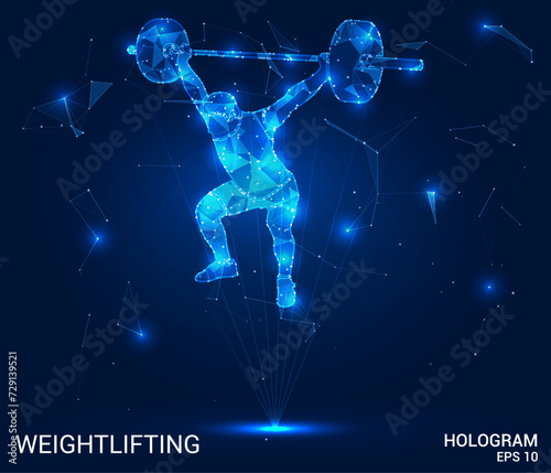 Hologram weightlifting. A weightlifter made of polygons, triangles of points and lines. Lifting the rod is a low-poly joint structure. Technology concept vector. © newrossosh