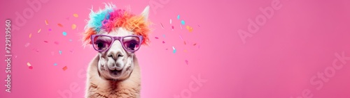 Happy Birthday, carnival, New Year's eve, sylvester or other festive celebration, funny animals card banner long - Alpaca with party hat and sunglasses on pink background with confetti.