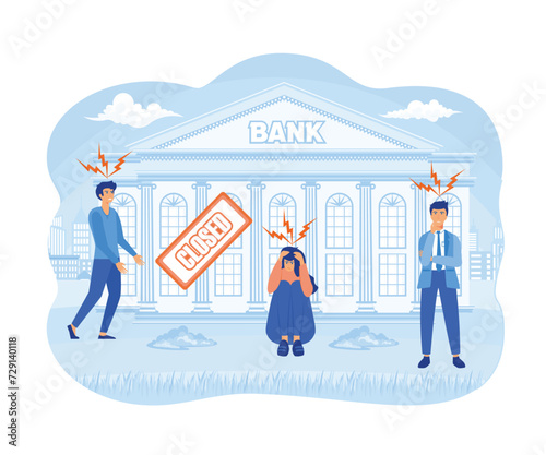 Bank closed. Financial crisis, people bankrupt. Angry crowd on street government buildings. Flat frustrated man woman without money, difficult banking investment situation. flat vector modern illustra