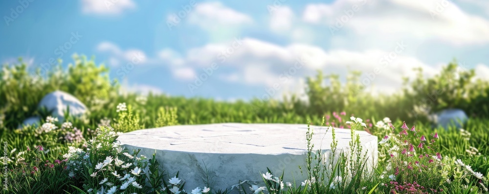 White stone podium on green meadow with grass and flowers ready for product placement White stone podium on green meadow with grass and flowers ready for product placement
