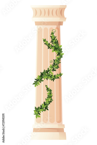 Ancient ivy covered column. Museum and exhibition. Cartoon greek or roman pillar with climbing ivy branches. Antique foliage decorated element. Cartoon flat vector isolated on white