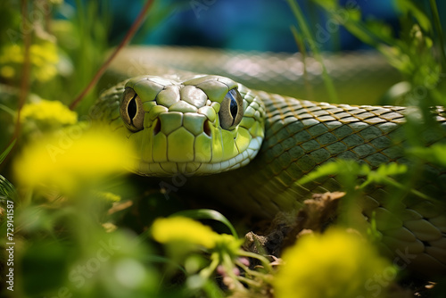 A green snake gracefully slithering through vibrant green grass in a garden, Colorful flowers and foliage