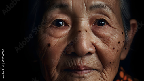 Small brown patches called age spots on face of Asian elder woman. They are also called liver spots, senile lentigo, or sun spots. generative AI. photo