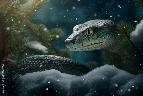 A green snake exploring a snowy New Year's landscape, with snowflakes gently falling, Winter scenery, pine trees, and a serene ambiance of a snowy evening
