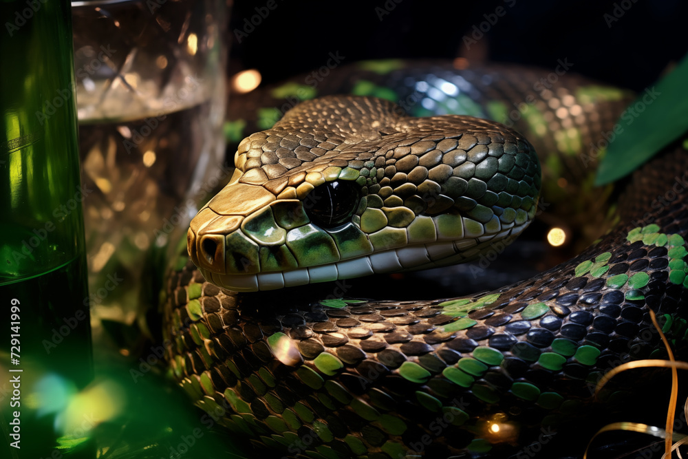 Fototapeta premium A green snake wrapped around a sparkling New Year's champagne bottle, ready for a festive toast, Champagne flutes, party streamers, and a background of New Year's Eve celebrations