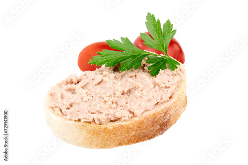 Bread with homemade chicken pate, isolated on white background.