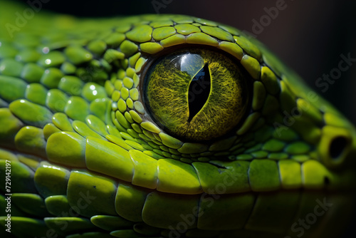 A close-up of a green snake's eye, highlighting its intricate scales and vibrant color, Soft focus background with hints of the snake's body