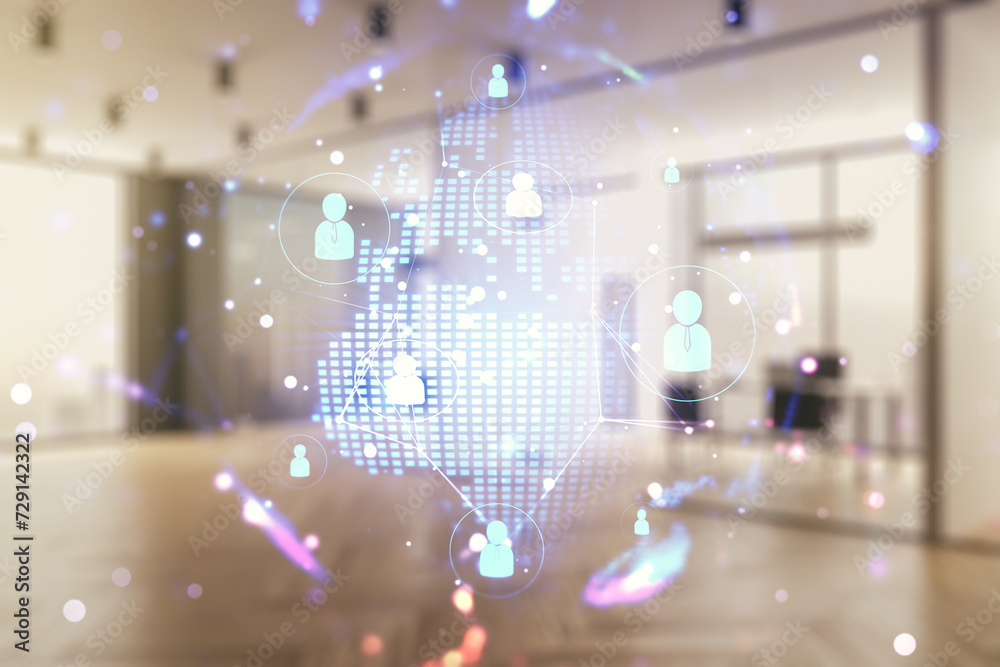 Virtual social network media hologram and world map on a modern furnished classroom background. Double exposure Virtual social network media hologram and world map on a modern furnished classroom background. Double exposure