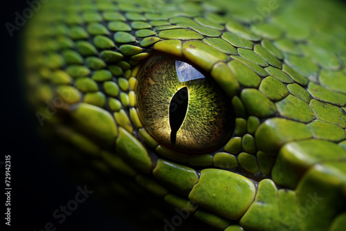 A close-up of a green snake's eye, highlighting its intricate scales and vibrant color, Soft focus background with hints of the snake's body