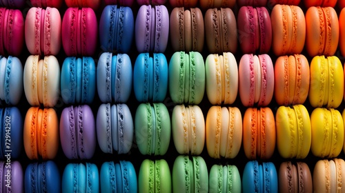 Colorful macarons arranged in a beautiful and vibrant rainbow pattern on display