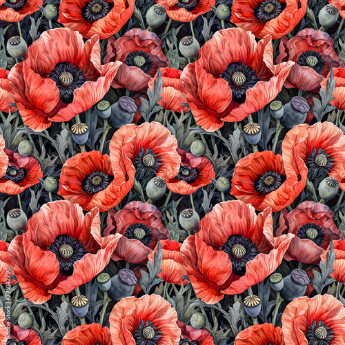 Seamless patterns watercolor painting of vintage poppy flower. Designed for fabric and wallpaper. High-resolution.no.01