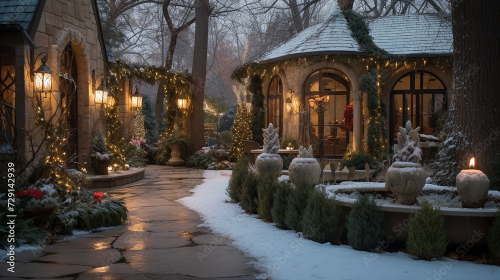 Clay and cobalt garden pots, Mexican feather grass and garden arbors and obelisks enrobed in garland and sparkling lights create a peaceful winter 