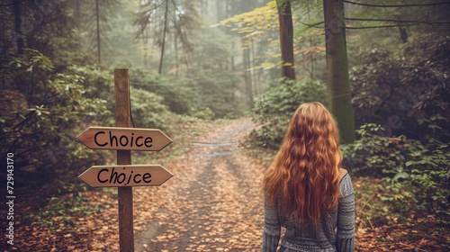 Contemplative woman at crossroads with two way sign saying  choice  in decision making concept photo