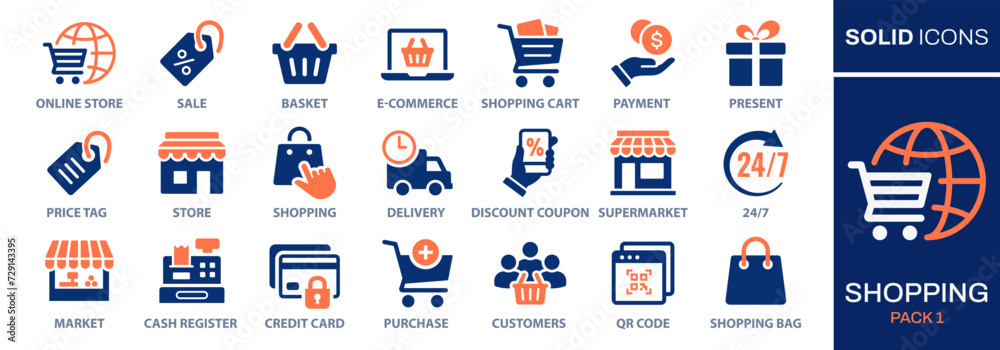 Set of icons related to shopping, e-commerce, gifts, supermarket, sale. Collection of solid icons. Vector illustrations that can easily be adjusted to any color.