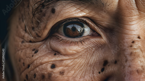 Small brown patches called age spots on face of Asian elder woman. They are also called liver spots, senile lentigo, or sun spots. generative AI. photo