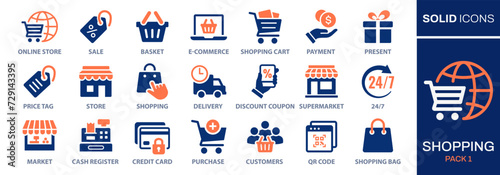 Set of icons related to shopping, e-commerce, gifts, supermarket, sale. Collection of solid icons. Vector illustrations that can easily be adjusted to any color.