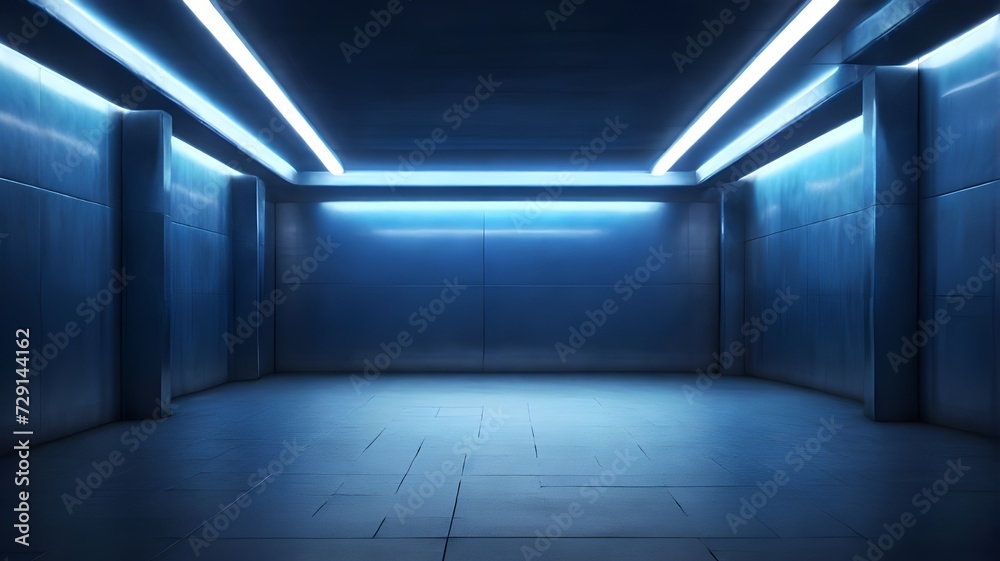 An empty underground backdrop with blue lighting, provides space for text or products