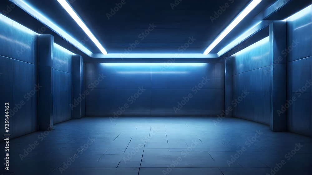 An empty underground backdrop with blue lighting, provides space for text or products An empty underground backdrop with blue lighting, provides space for text or products