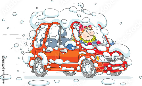 Funny man driving his snow-covered red car down a road on a cold and snowy winter day, vector cartoon illustration on a white background