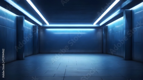 An empty underground backdrop with blue lighting  provides space for text or products