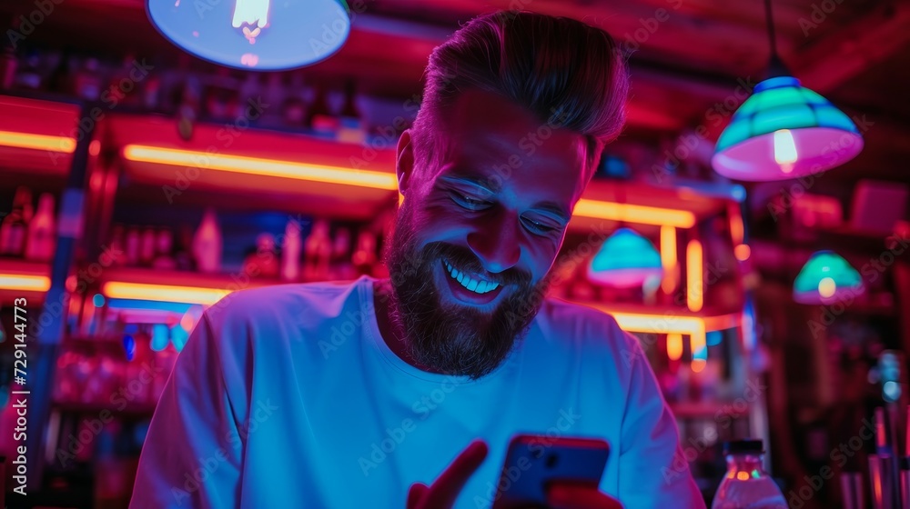Bearded man with a smile looking at his smartphone while sitting at the bar counter