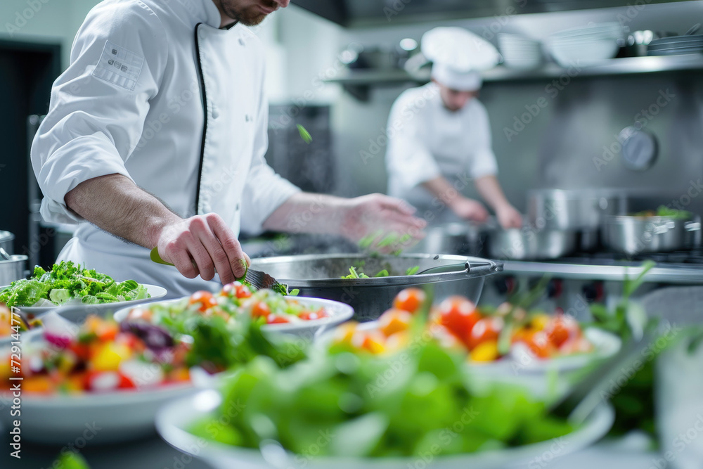 Expert chefs skillfully preparing gourmet salads in a commercial kitchen Expert chefs skillfully preparing gourmet salads in a commercial kitchen