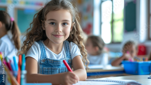 young girl with curly hair smiling at the camera, seemingly sitting in a classroom environment with other children and school supplies in the background.