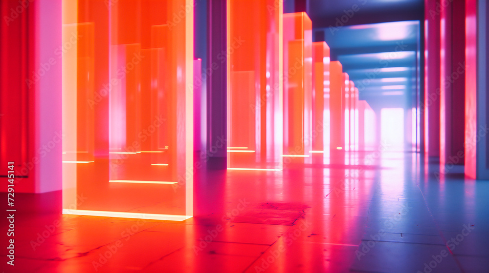 Futuristic neon-lit room with a modern abstract design, featuring a glowing blue floor and dark tunnel-like architecture Futuristic neon-lit room with a modern abstract design, featuring a glowing blue floor and dark tunnel-like architecture