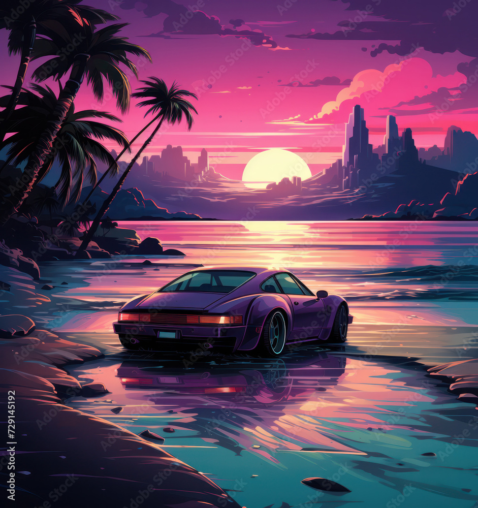 A car is parked by the shore of a tropical island during sunset, generative AI
