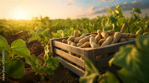 Peanuts harvested in a wooden box in a plantation with sunset. Natural organic fruit abundance. Agriculture, healthy and natural food concept. Horizontal composition.