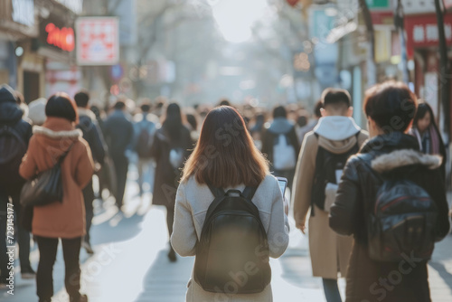 Pedestrians walking in the busy city street, absorbed in their phones, as people navigate the urban environment while holding their smartphones