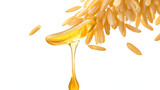 Rice bran oil dripping from rice seed isoalted on white background