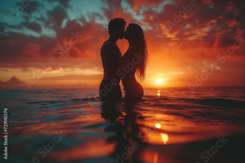 A happy couple stands at sunset in the sea, kissing