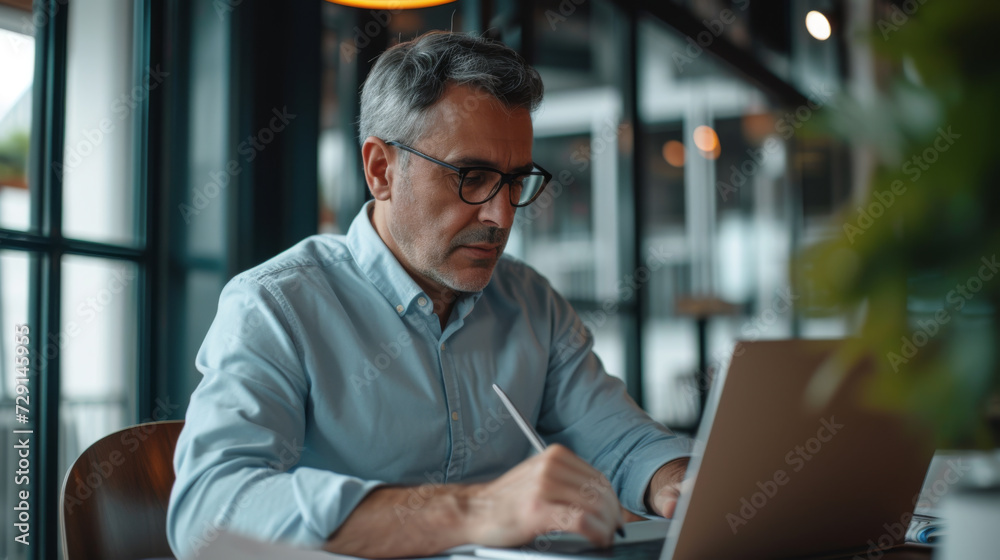 Confident individual at a workstation with multiple computer monitors in a modern office. Confident individual at a workstation with multiple computer monitors in a modern office.