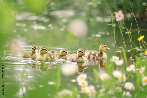 Fluffy ducklings glide on a pond amid Easter daisies, bathed in the warm glow of a spring sunrise. Easter photography background. Generative AI