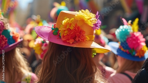 Child in a colorful hat brightly at an Easter parade, surrounded by festive colors. Generative AI