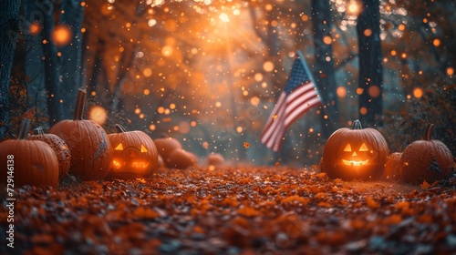 Fall Fiesta Pumpkin Patch and American Flag Generative AI photo