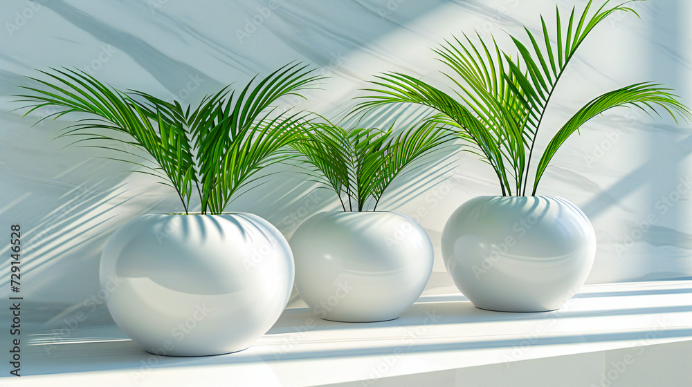 Decorative design concept with a focus on green plants and modern vases, illustrating a stylish and fresh interior setting Decorative design concept with a focus on green plants and modern vases, illustrating a stylish and fresh interior setting