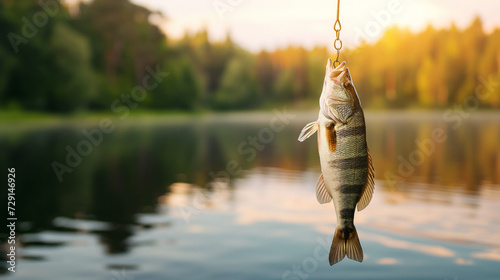 Early Morning Catch: Fresh Striped Bass on Fisherman's Hook with Serene Lake and Sunrise Forest Background