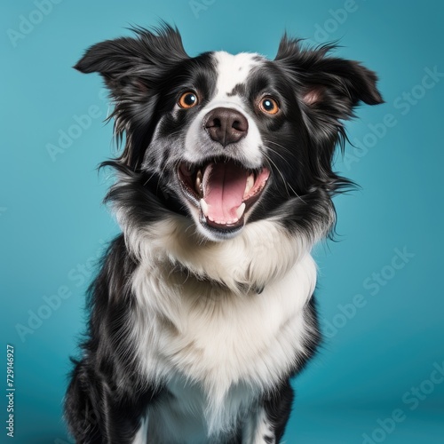 Portrait of cute dog isolated on blue background with copy space. Pet concept. © Евгений Кобзев
