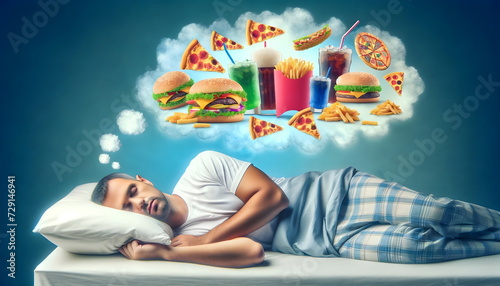 young man sleeping in a bed and dreaming of a fast food photo