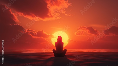 The silhouette of a person in meditation pose sits peacefully against the backdrop of a vibrant red sunset reflected on calm waters.