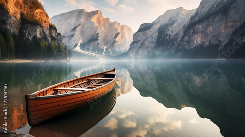 Beautiful view of traditional wooden rowing boat on scenic Lago di Braies in the Dolomites in scenic morning light at sunrise photo