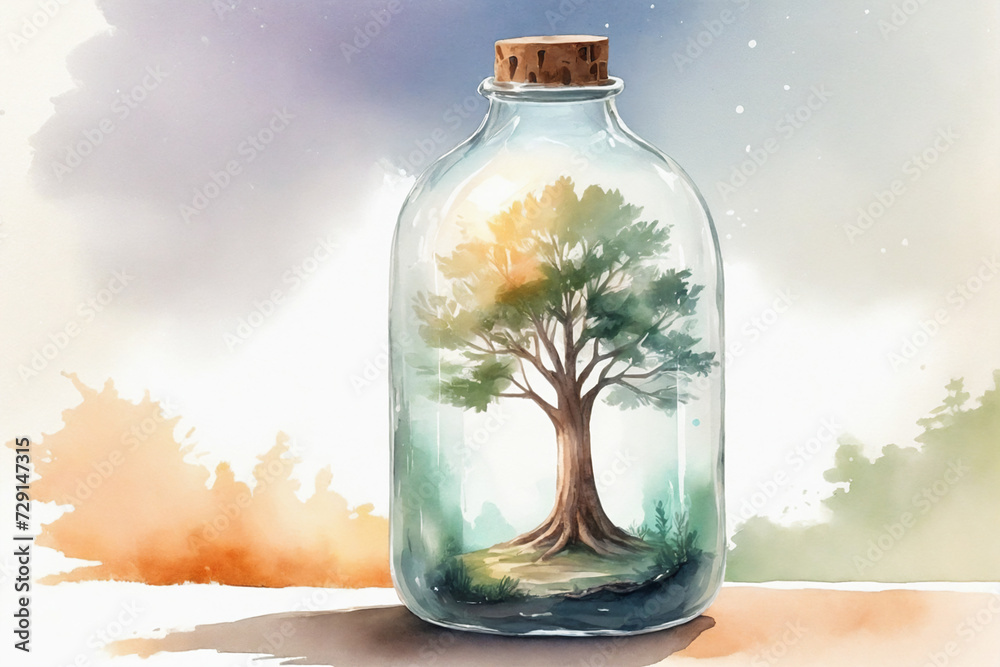 Obraz premium A tree inside a large transparent bottle, cinematic light, watercolor art illustration - Concept for preservation