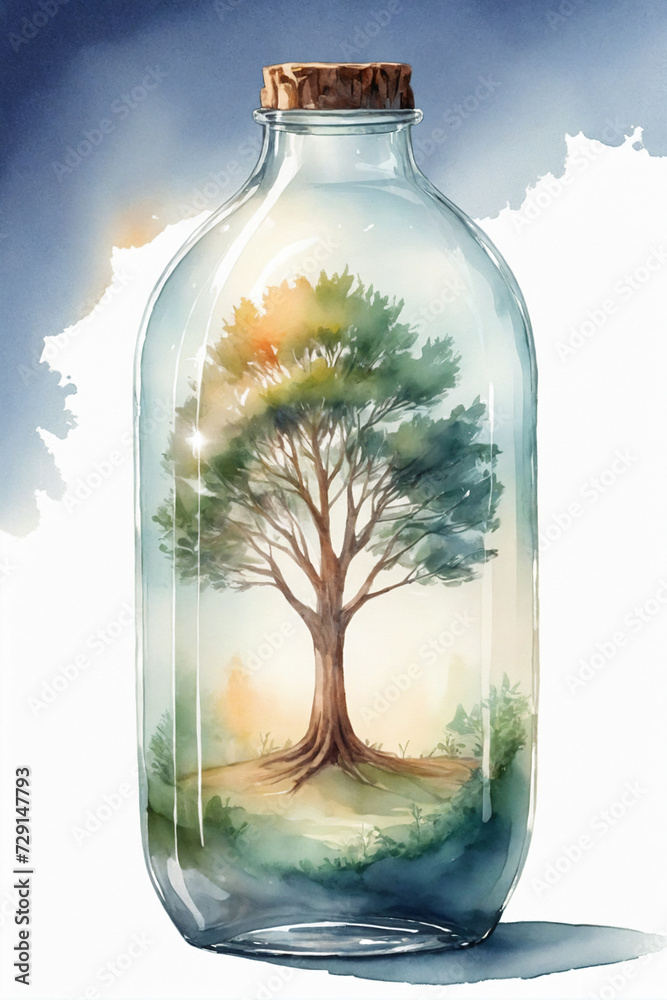 A tree inside a large transparent bottle, cinematic light, watercolor art illustration - Concept for preservation A tree inside a large transparent bottle, cinematic light, watercolor art illustration - Concept for preservation