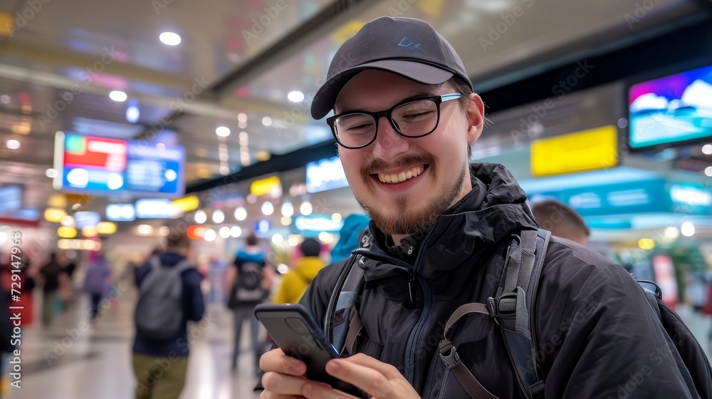 Smiling bearded man browsing smartphone at bus station, waiting for transportation. Smiling bearded man browsing smartphone at bus station, waiting for transportation.